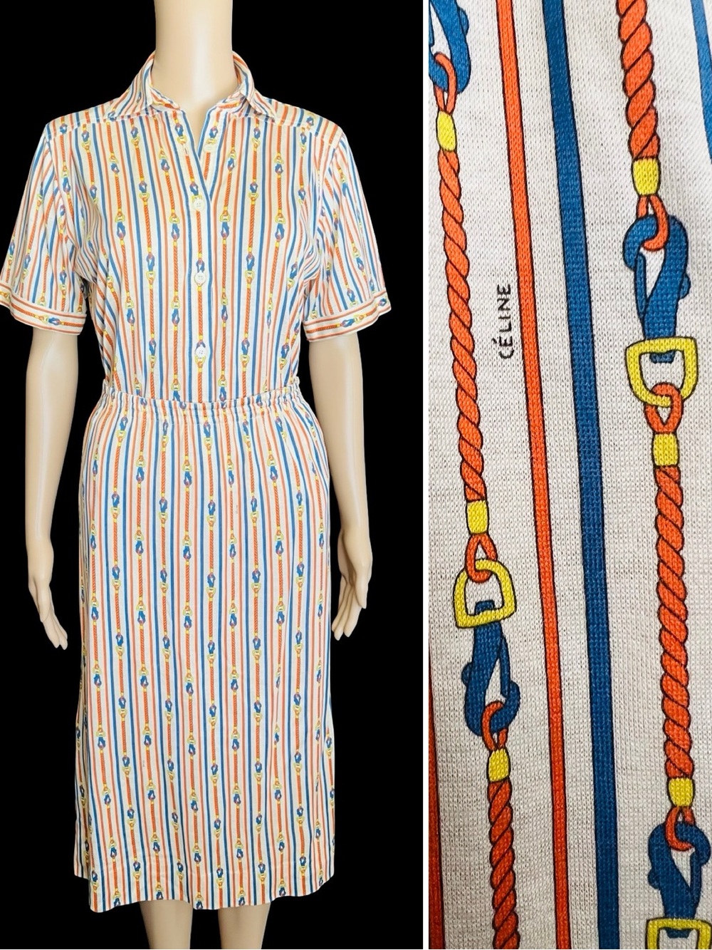 Vintage CÉLINE 1970's Equestrian Tack Print Cotton Dress Set